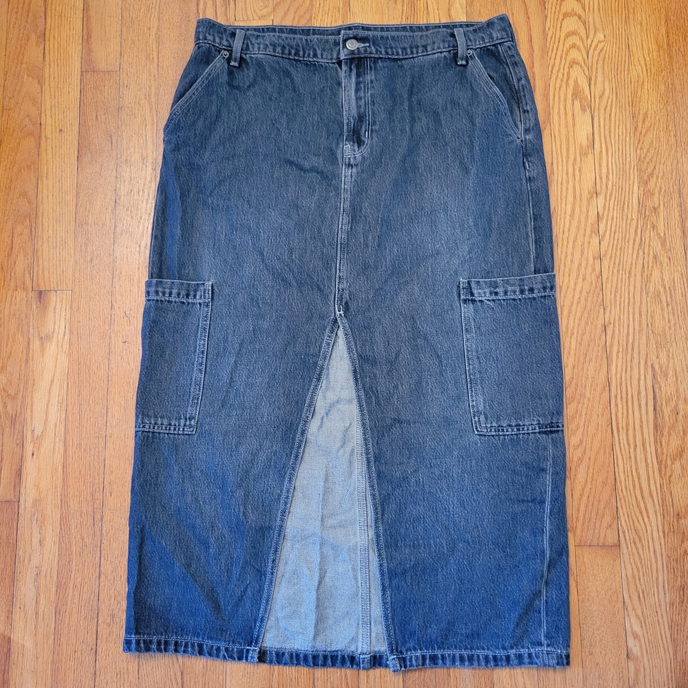 Old Navy Dark Wash Drapey Denim Maxi Cargo Skirt Front Slit 14 Mid Rise‎ 90s Y2K